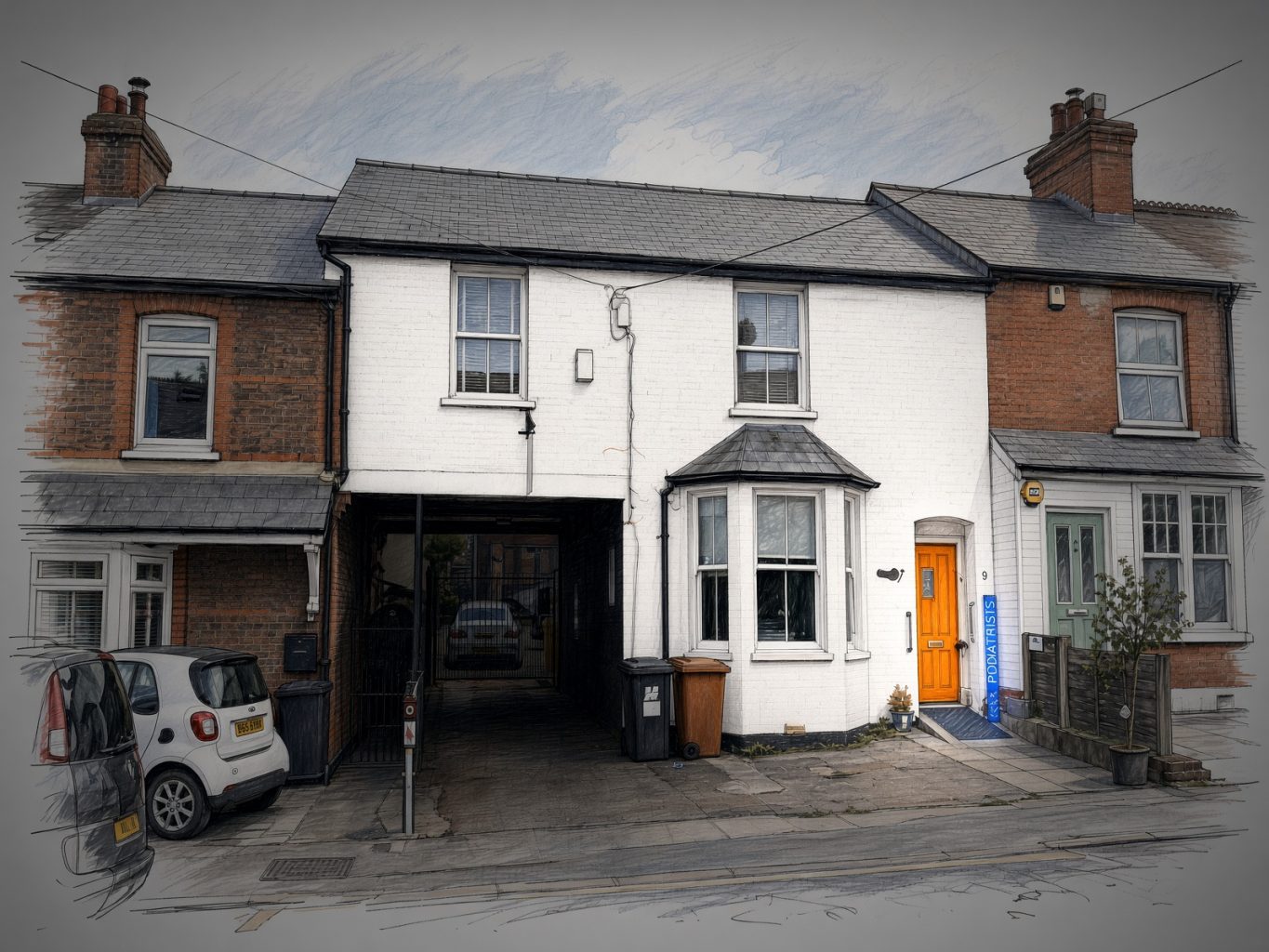 Pencil sketch of the A&A Podiatrists building at 9 Station Road, Radlett: a white-fronted house with a bay window and a bright orange front door, next to a driveway under an archway