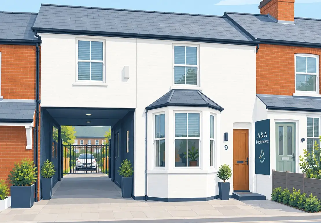The A&A Podiatrists building at 9 Station Road, Radlett: a white-fronted house with a bay window, orange front door and navy sign